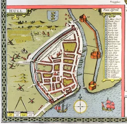 Hull, yksityiskohta Yorkshiren pohjoisen ja itäisen ratsastuksen kartalta, Jodocus Hondiuksen (1563-1612) kaivertama John Speedin Theatre of the Empire of Great Britain -pubista. John Sudbury ja Georg